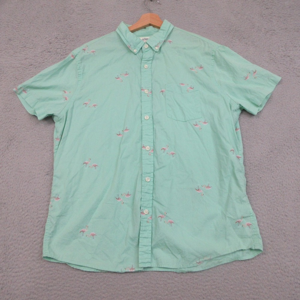 Urban Pipeline Flamingo Print Shirt Men XL Green 100% Cotton Tropical Beach